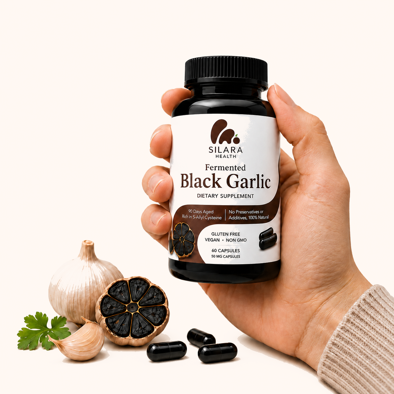 Silara Health Black Garlic bottle in hand